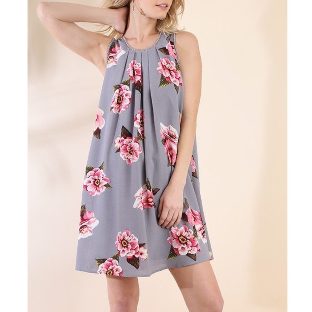 Umgee Gray Pink Floral Boho Swing Tunic Dress - Picture 4 of 5